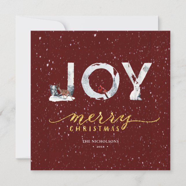 Tarjeta Festiva Moderno estilo rojo elegante guión dorado JOY Niev (Anverso)