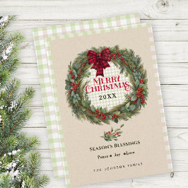 Tarjeta Festiva Moderno Gingham Check Farmhouse Navidades Wreath