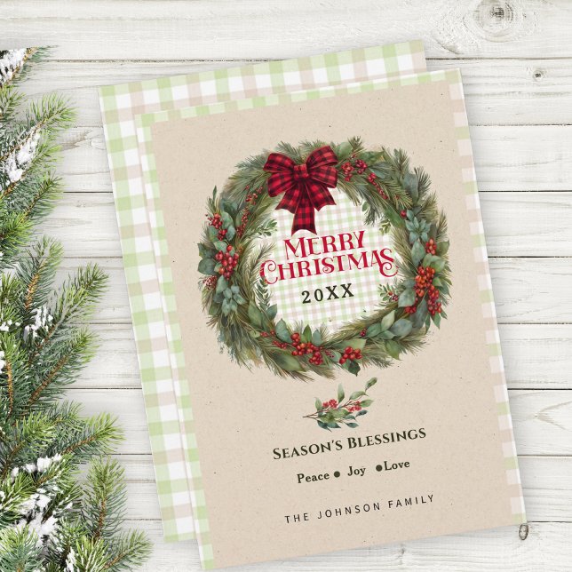 Tarjeta Festiva Moderno Gingham Check Farmhouse Navidades Wreath (Subido por el creador)