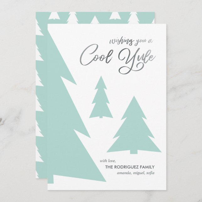 Tarjeta Festiva Moderno Guay Yule Script Mint Green Trees (Anverso / Reverso)