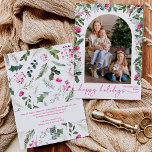 Tarjeta Festiva Moderno guión Arco de verde rosa brillante 1 foto<br><div class="desc">Esta colección cuenta con flores color agua rosa brillante,  bayas y vegetación de invierno con tipografía moderna y elegante,  con un patrón botánico de invierno.</div>