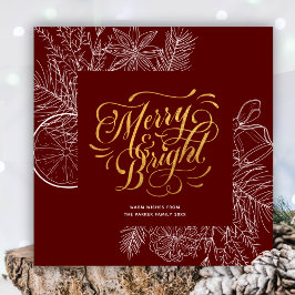 Tarjeta Festiva Moderno Guión Rojo Dorado Pine Bough Floral Simple