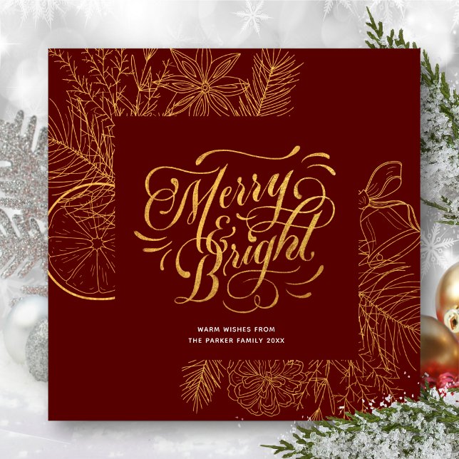 Tarjeta Festiva Moderno Guión Rojo Dorado Pine Bough Floral Simple (Subido por el creador)