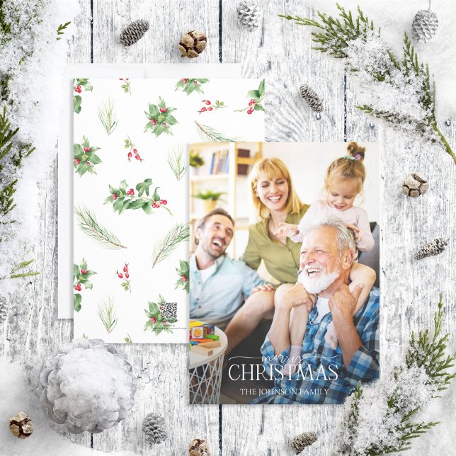 Tarjeta Festiva Moderno Holly Berry Greenery Merry Christmas Photo (Subido por el creador)