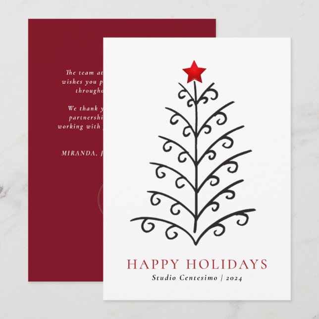 Tarjeta Festiva Moderno Line Art Christmas Tree Business Corporate (Anverso / Reverso)