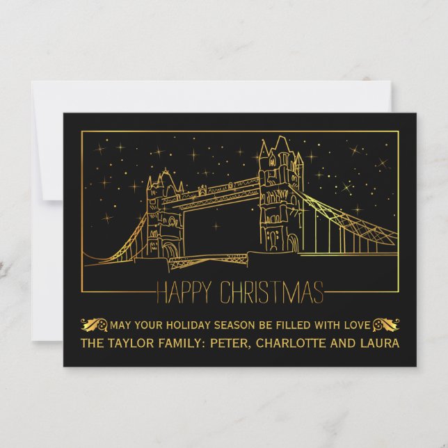 Tarjeta Festiva Moderno London Tower Bridge oro "Happy Navidades" (Anverso)