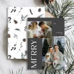 Tarjeta Festiva Moderno Merry 2 Photo Black Winter Watercolor<br><div class="desc">Este año, haga saber a sus amigos y familiares que le importa la tarjeta de Navidades Modern Merry 2 Photo Black Winter Watercolor. No sólo es de diseño y está al día, sino que dispone de espacio suficiente para incluir dos de tus recuerdos favoritos del año pasado. El diseño es...</div>