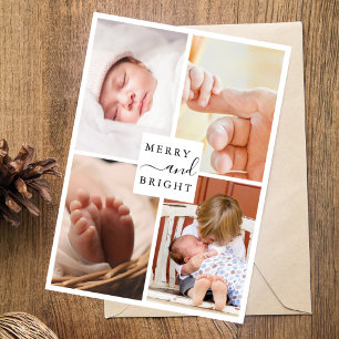 Tarjeta Festiva Moderno Mínimo 4 Fotos Merry y Navidades Brillante
