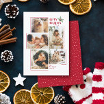 Tarjeta Festiva Moderno Mínimo 5 Navidades Collages de fotos<br><div class="desc">Captura la esencia de la temporada con nuestra tarjeta de Navidades fotográficos. Con un moderno arreglo de collage de 5 fotos con acentos rojos de moda, esta tarjeta exuera elegancia. "Felices Fiestas" se presenta bellamente en la tipografía festiva en la esquina superior derecha, acompañada por una estampilla de acuarela de...</div>