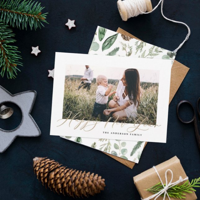 Tarjeta Festiva Moderno minimo foto elegante guión oro año nuevo (Subido por el creador)