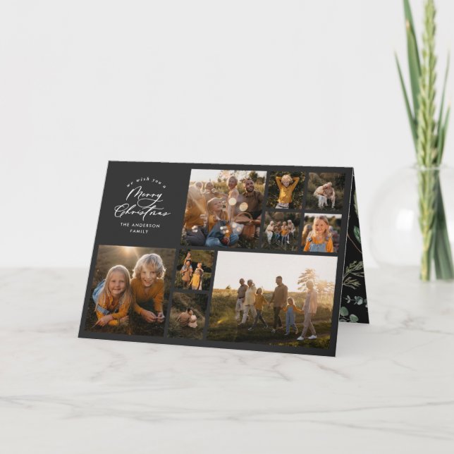 Tarjeta Festiva Moderno minimo negro 11 foto familia botánica (Anverso)