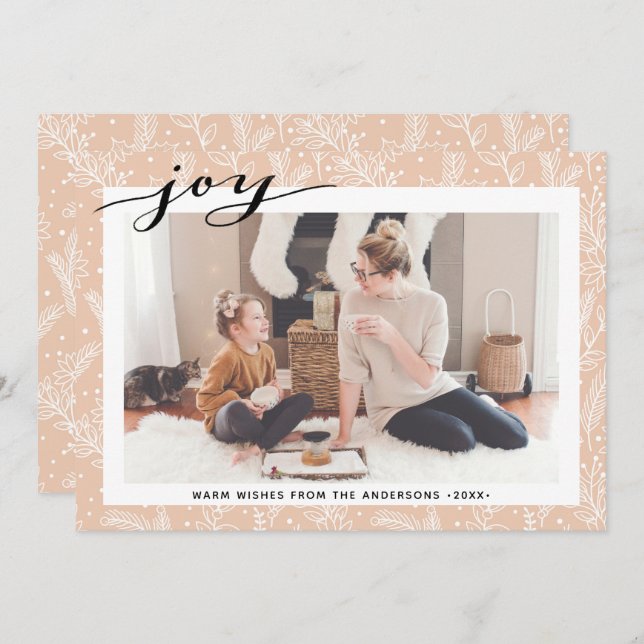 Tarjeta Festiva Moderno Pine Beige Boughs Elegante guión JOY Simpl (Anverso / Reverso)