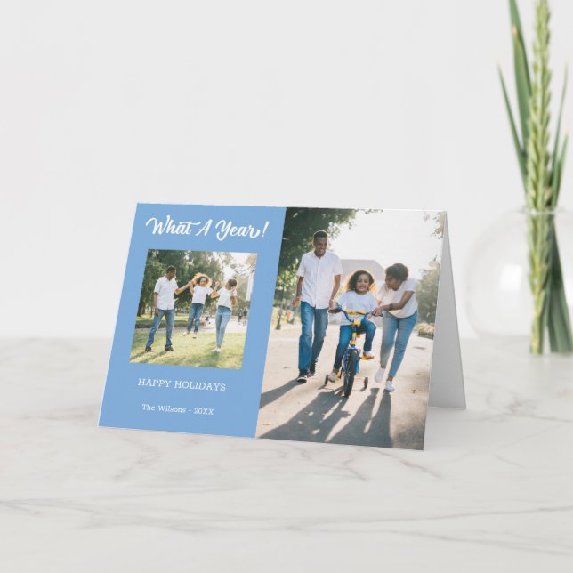 Tarjeta Festiva Moderno Qué Un Año 3 Fotografía Azul (Anverso)