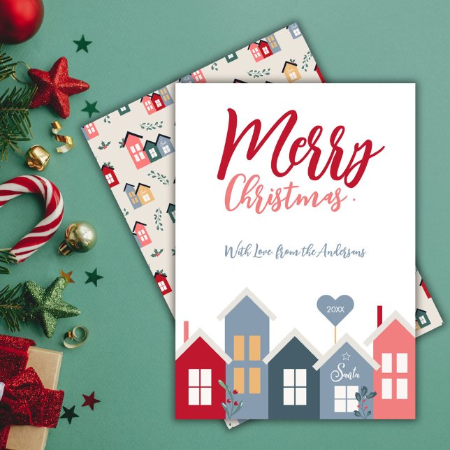 Tarjeta Festiva Moderno Red Dusty Blue Santa Village Merry Christm (Merry Christmas Santa Houses Red Green Pattern Holiday Card)