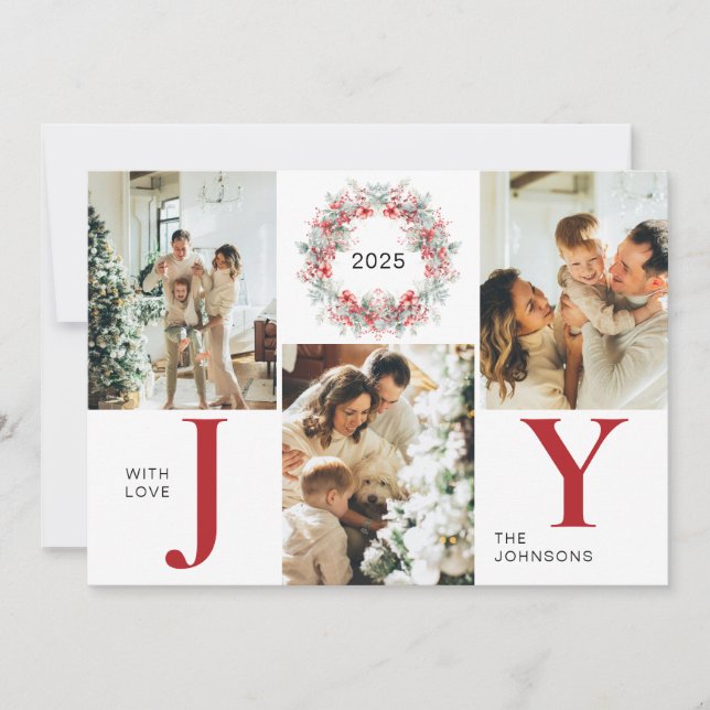 Tarjeta Festiva Moderno Red Holly Berries 3 Navidades de fotografí (Anverso)