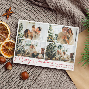 Tarjeta Festiva Moderno Red Merry Christmas Four Collage de fotos