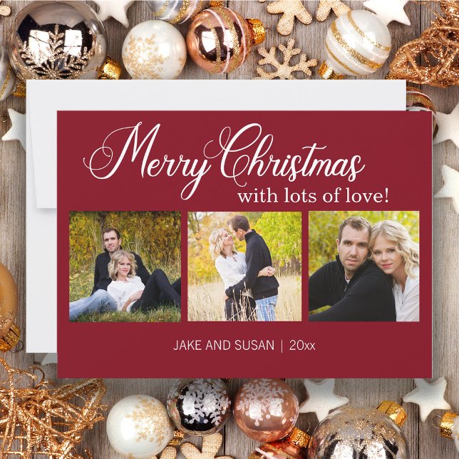 Tarjeta Festiva Moderno Red Merry Christmas Love Year 3 Photo (Red 3-photo Christmas greeting card)