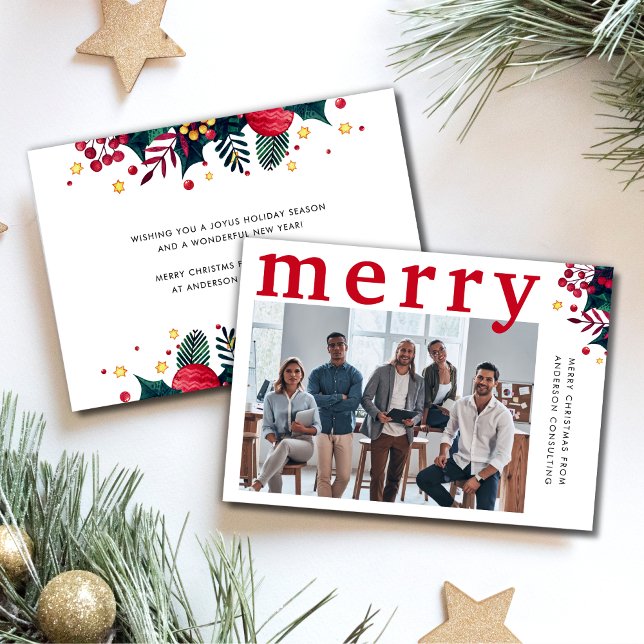 Tarjeta Festiva Moderno Red Merry Photo Business (Subido por el creador)