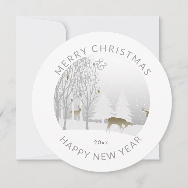 Tarjeta Festiva Moderno redondo | Woodland de invierno blanco | NA (Anverso)