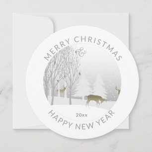 Tarjeta Festiva Moderno redondo   Woodland de invierno blanco   NA