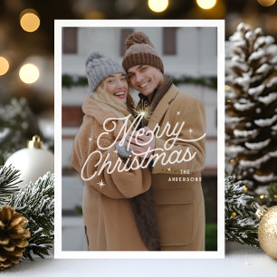 Tarjeta Festiva Moderno retro Merry Christmas Photo Stars Script