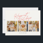 Tarjeta Festiva moderno rojo simple 4 collage de fotos feliz<br><div class="desc">moderno y simple guión de collage de fotos feliz tarjeta de vacaciones. Esta elegante tarjeta incluye un collage de fotos de 3 fotos en la parte delantera y 1 en la parte trasera con texto y fondo personalizado.</div>