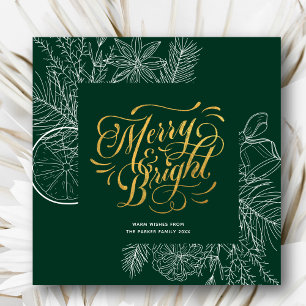 Tarjeta Festiva Moderno Sage Green Gold Script Pine Bough Floral