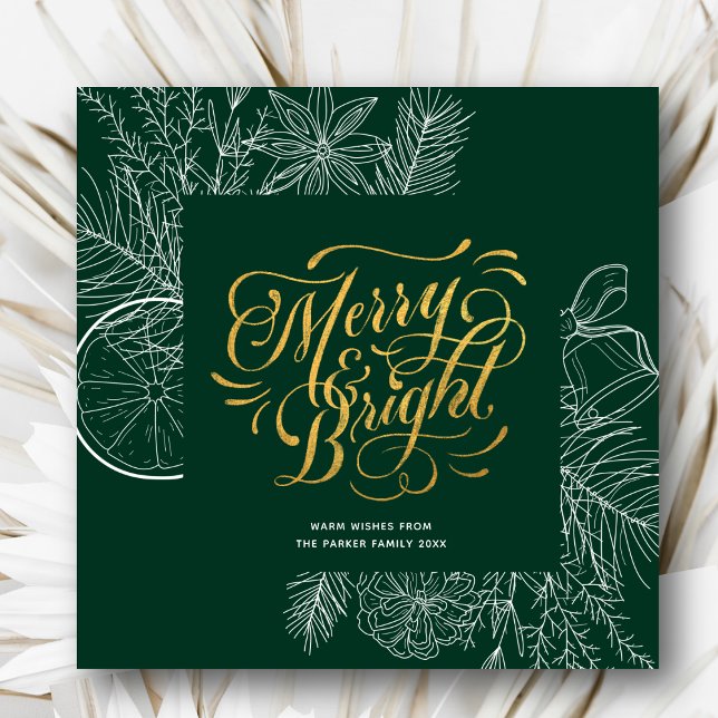 Tarjeta Festiva Moderno Sage Green Gold Script Pine Bough Floral (Subido por el creador)