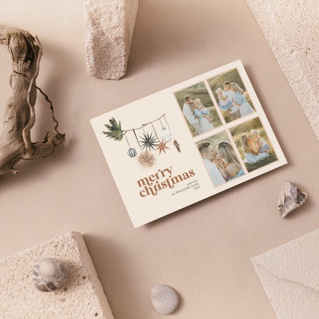 Tarjeta Festiva Moderno Scandi Boho Neutral Family 4 Photo Merry (Subido por el creador)