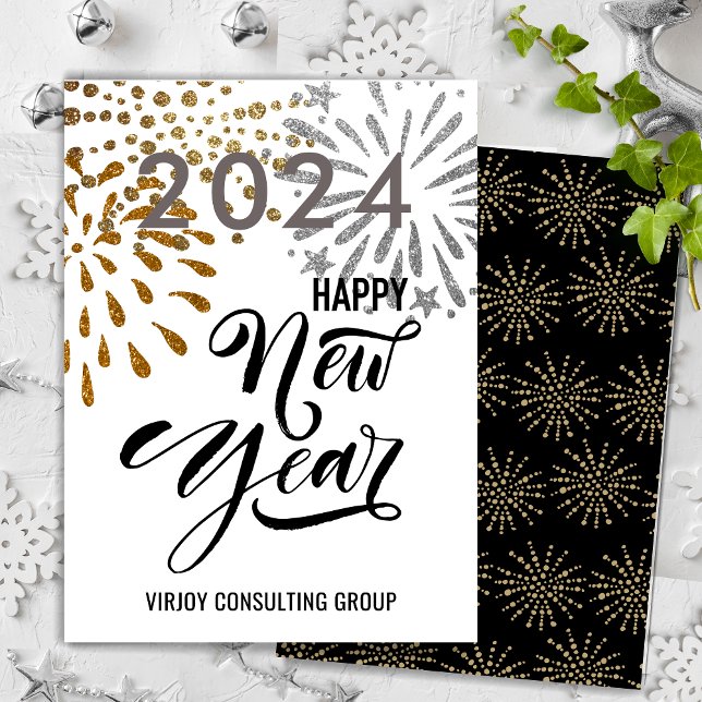 Tarjeta Festiva Moderno Script Gold Silver Fireworks Business (Subido por el creador)