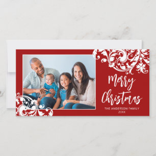 Tarjeta Festiva Moderno Swirl Florece Navidades Rojo y Blanco