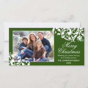 Tarjeta Festiva Moderno Swirl Florece Navidades Verde y Blanco