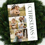Tarjeta Festiva Moderno y elegante Collage de fotos Verde Cinco Na<br><div class="desc">¡Envíe hermosos saludos de vacaciones con estas 5 tarjetas de Navidades de collage de fotos! Presentan cinco plantillas de fotos a la izquierda de la tarjeta, con una tipografía elegante y moderna a la derecha, que dice "Feliz Navidad". La parte posterior de la tarjeta contiene franjas diagonales simples en blanco...</div>