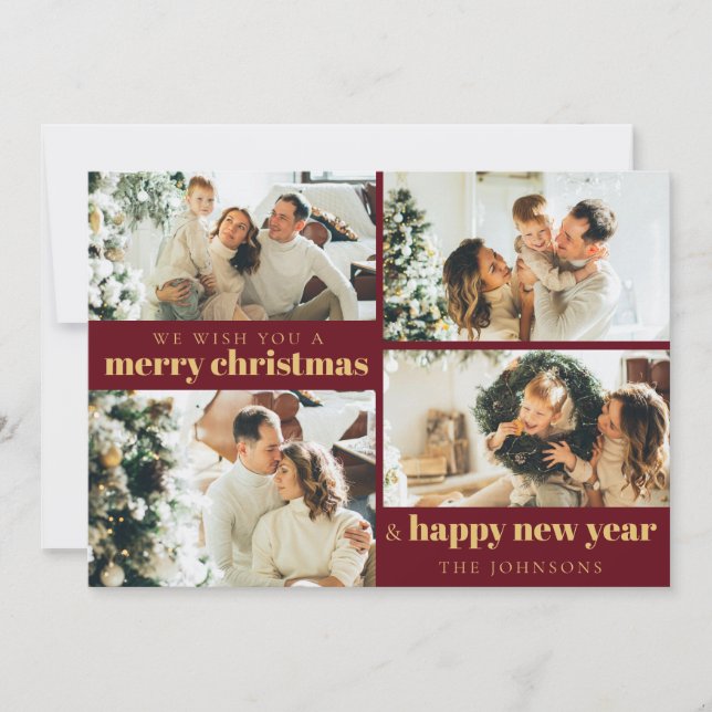 Tarjeta Festiva Moderno y elegante Red Gold 4 Navidades de fotogra (Anverso)