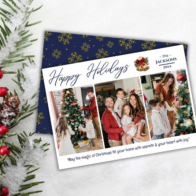 Tarjeta Festiva Moderno y lindo collage de 3 fotos elegantes Navid (Front/Back )