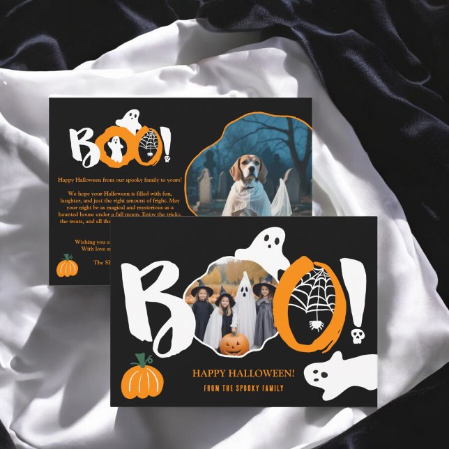 Tarjeta Festiva Moderno y moderno Boo ghosts 2 fotos Halloween (Cute Modern trendy Boo ghosts 2 photos Halloween Holiday Card)