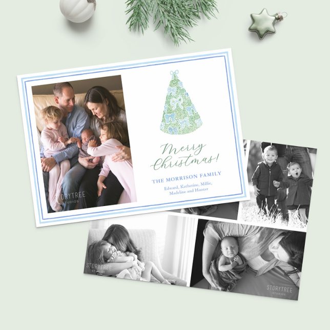 Tarjeta Festiva Moderno y moderno Collage de fotos de árbol de Nav (Modern watercolor Christmas tree with blue bows happy holidays photo collage merry christmas card)