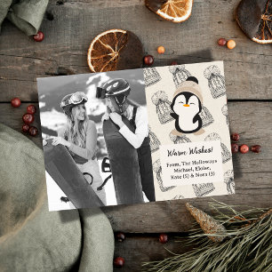 Tarjeta Festiva Moderno y Neutral Warm Wishes Penguin Photo