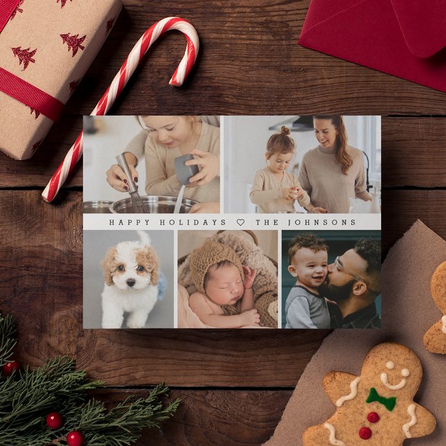 Tarjeta Festiva Moderno y sencillo Collage de fotos familiar Felic (Happy holidays family photo collage modern christmas card)