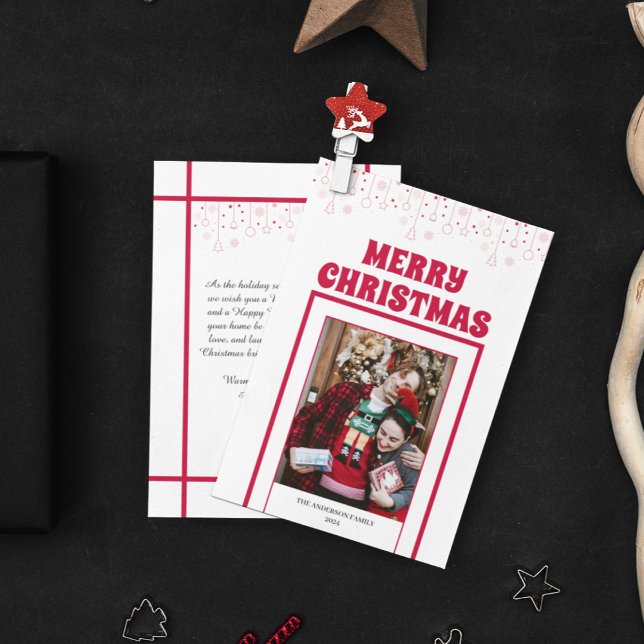 Tarjeta Festiva Moderno y simple 1 foto + Navidades de marco rojo  (Modern Elegant Red Frame Merry Christmas Photo Holiday Card)