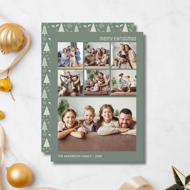 Tarjeta Festiva Modernos 7 Navidades de Collage de fotos familiar  (Modern 7 Family Photo Collage Christmas Sage Green Holiday Card)