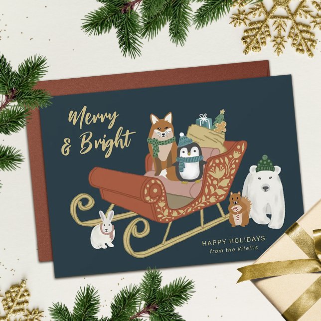 Tarjeta Festiva Modernos amigos animales y Navidades de Sleigh (Subido por el creador)