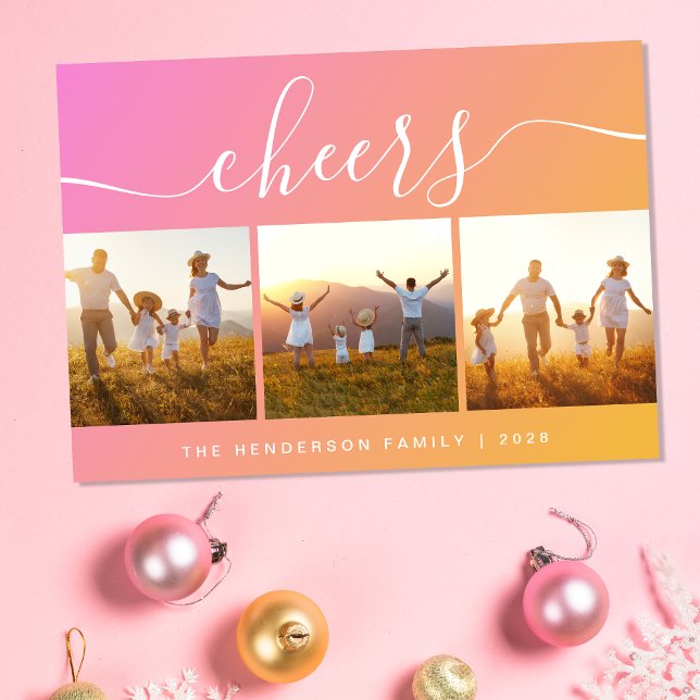 Tarjeta Festiva Modernos Cheers Foto Rosa (This holiday season, let your family's smiles and heartwarming memories shine on our 3 photo card)