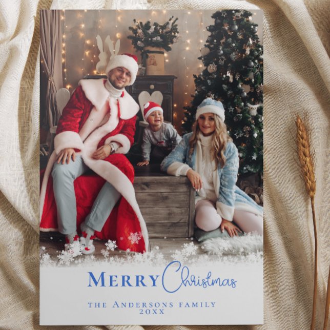 Tarjeta Festiva Modernos Navidades Azules Mínimos Foto Copos de ni (Modern Minimal Blue Christmas Photo Snowflakes card)