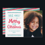 Tarjeta Festiva Modernos Navidades de cerezos cute foto de Aqua<br><div class="desc">¡Envíen a Navidades divertidos animando con estas coloridas y modernas tarjetas de fotos! Presentan una tipografía elegante y tipográfica, en la que se lee: "Ten un dulce Navidad" en agua, rojo y canto sobre un fondo blanco. La parte posterior de la tarjeta contiene un diseño de franjas diagonales coloridas y...</div>