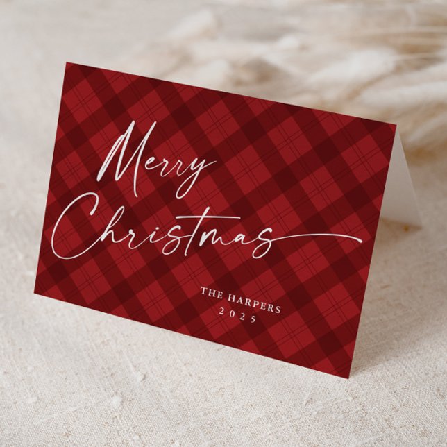 Tarjeta Festiva Modernos Navidades de escritura elegantes de trenz (Modern handwritten Merry Christmas Script Red Plaid Folded Holiday Cards.)