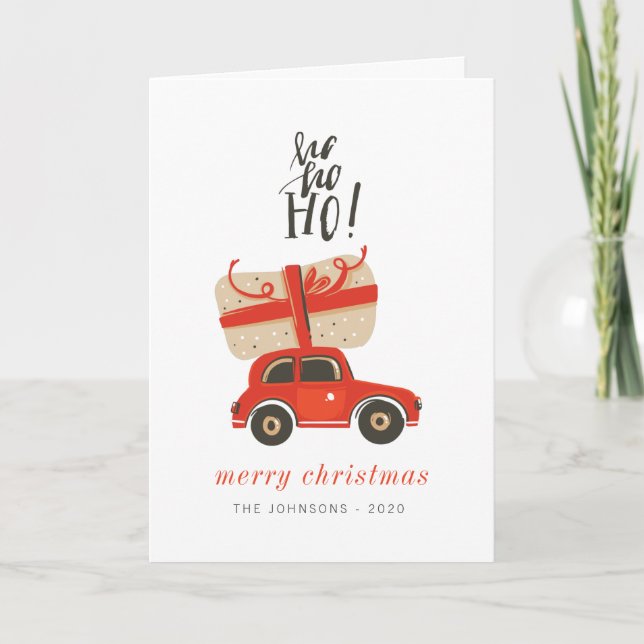 Tarjeta Festiva Modernos Navidades de Moda burda regalan auto rojo (Anverso)