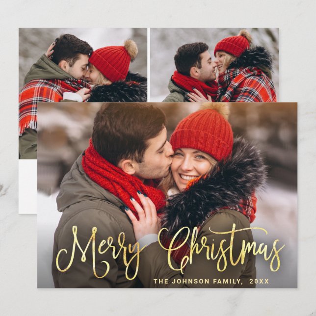 Tarjeta Festiva Modernos Navidades de oro 3 saludo fotográfico (Anverso / Reverso)