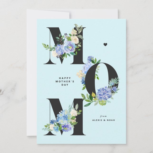 Tarjeta Festiva MOM Blue Hydrangeas Floral Feliz Día de la Madre (Anverso)