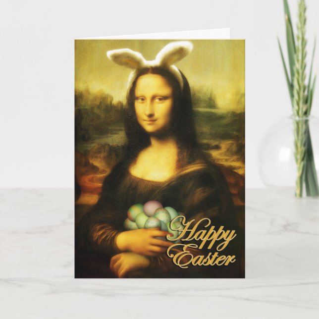 Tarjeta Festiva Mona Lisa Bunny Ears Easter (Anverso)